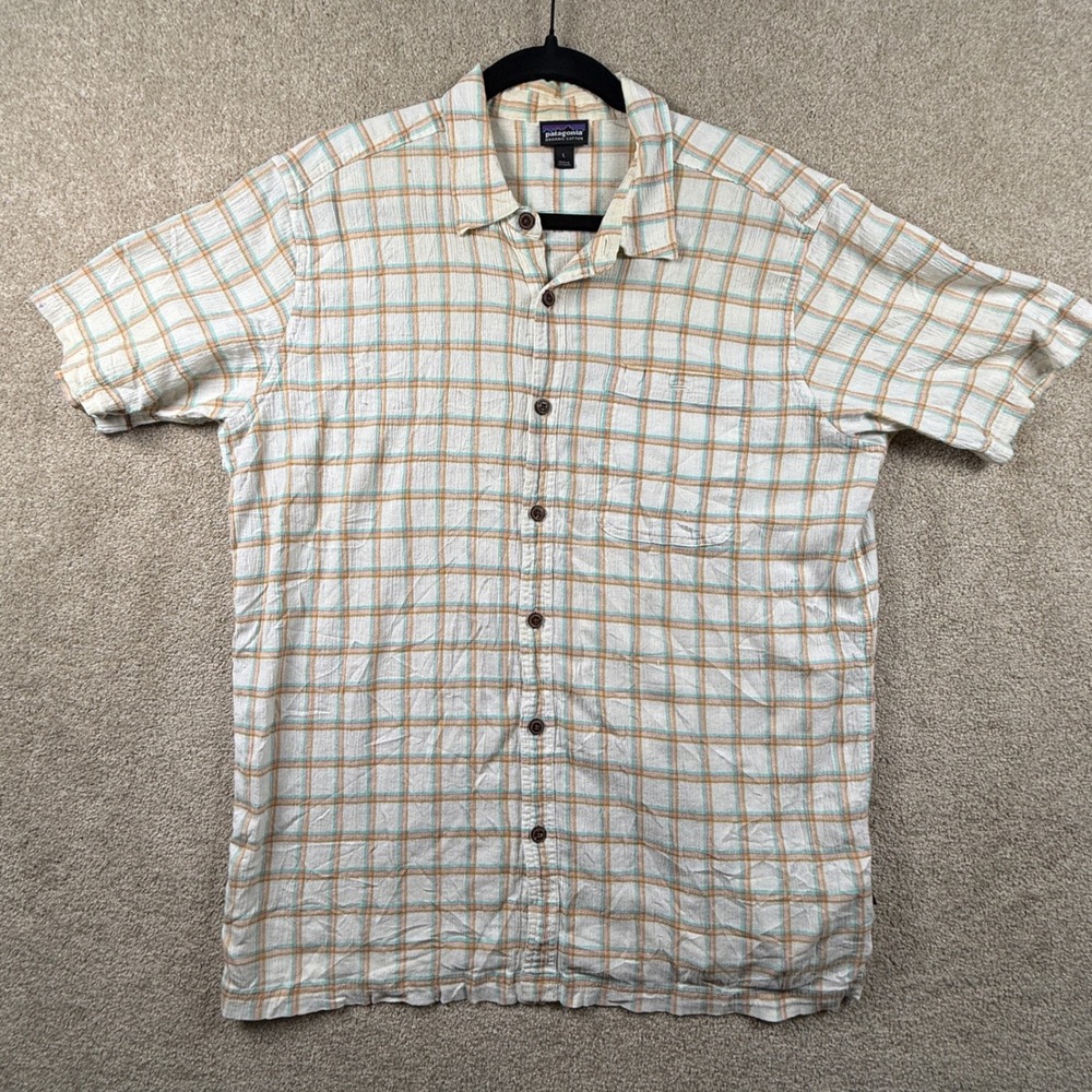 Patagonia Mens Large Organic Cotton Plaid Seersucker Short Sleeve Button Shirt